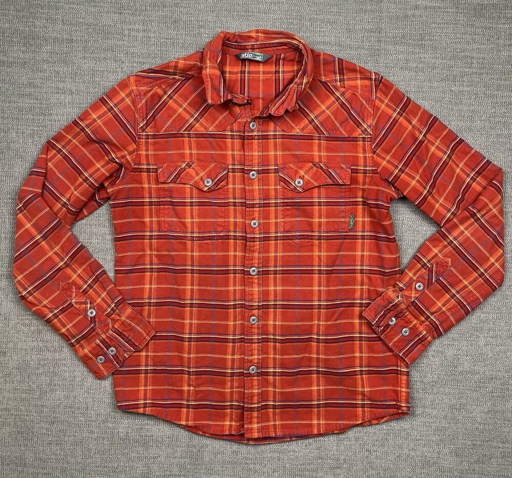 Stio Junction Midweight Flannel Shirt Mens Medium Orange Long Sleeve Hiking